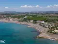 Vista aerea del lido di Tarquinia con spiaggia attrezzata, mare azzurro e pineta.