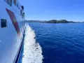 Traghetto in navigazione verso l'isola d'Elba, con la costa all'orizzonte sotto un cielo azzurro.