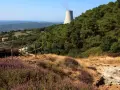 Sentiero nel parco delle Biancane con torretta di raffreddamento in lontananza, circondato da vegetazione e colline.