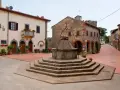 Piazza con pozzo antico a Civitella in Val di Chiana, circondata da case in pietra e intonaco, con fiori colorati.