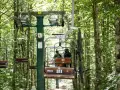 La funivia Monte Amiata trasporta due persone e una mountain bike tra gli alberi rigogliosi.
