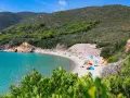 Una baia con acque cristalline e **spiagge** dell'Isola d'Elba, con ombrelloni colorati e gente che si rilassa sulla sabbia dorata.