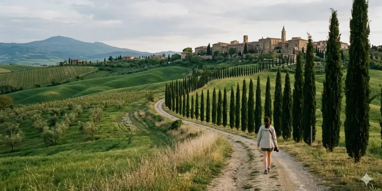 Una persona cammina lungo la **Val d'Orcia route**, circondata da dolci colline verdi e cipressi, con un borgo medievale sullo sfondo.