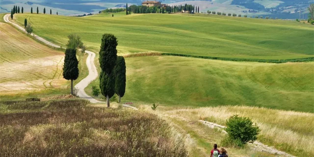 Sentiero tortuoso nel Val d'Orcia, con colline verdi, cipressi e un casale in lontananza. Una mappa ideale per un'escursione.