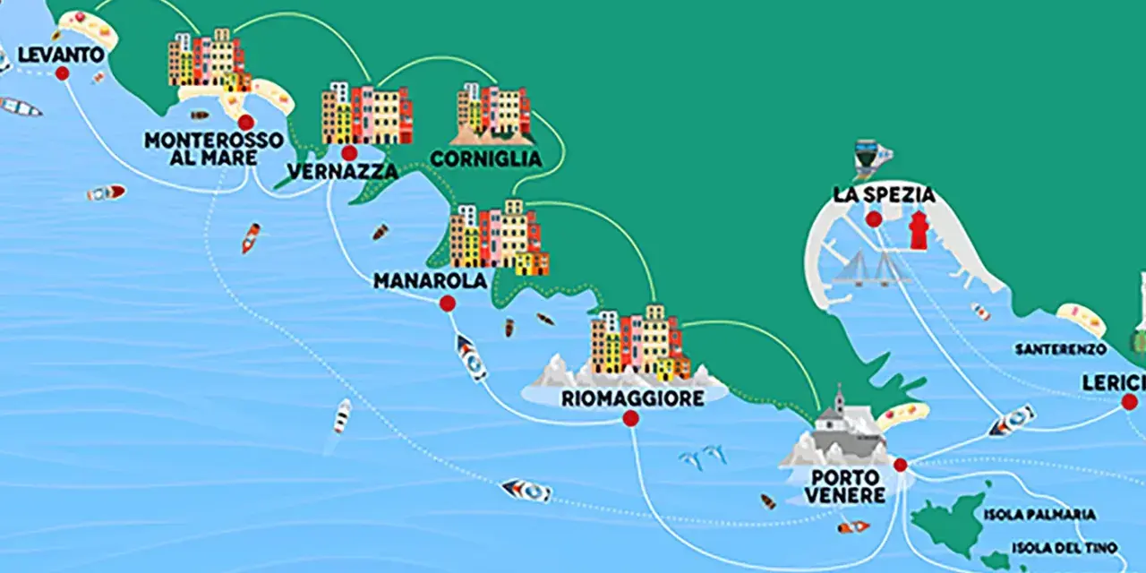 Mappa stilizzata delle Cinque Terre, con i borghi colorati e le rotte marittime. Si vedono Levanto, Monterosso, Vernazza, Corniglia, Manarola, Riomaggiore, Porto Venere e La Spezia.