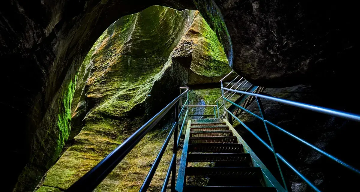 Una scala metallica sale tra le rocce muschiose degli orridi di Uriezzo, illuminata da una luce che filtra dall'alto.