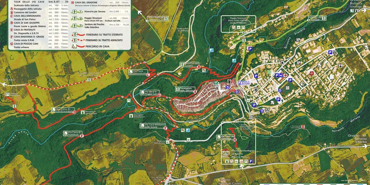 Mappa delle Vie Cave e sentieri, con itinerari che conducono al pittoresco **pitigliano centro storico** e dintorni.