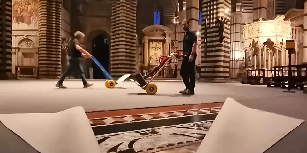 Due operai spostano carrelli sul magnifico pavimento del Duomo di Siena, mentre un telo protettivo è parzialmente sollevato, rivelando i dettagli artistici.