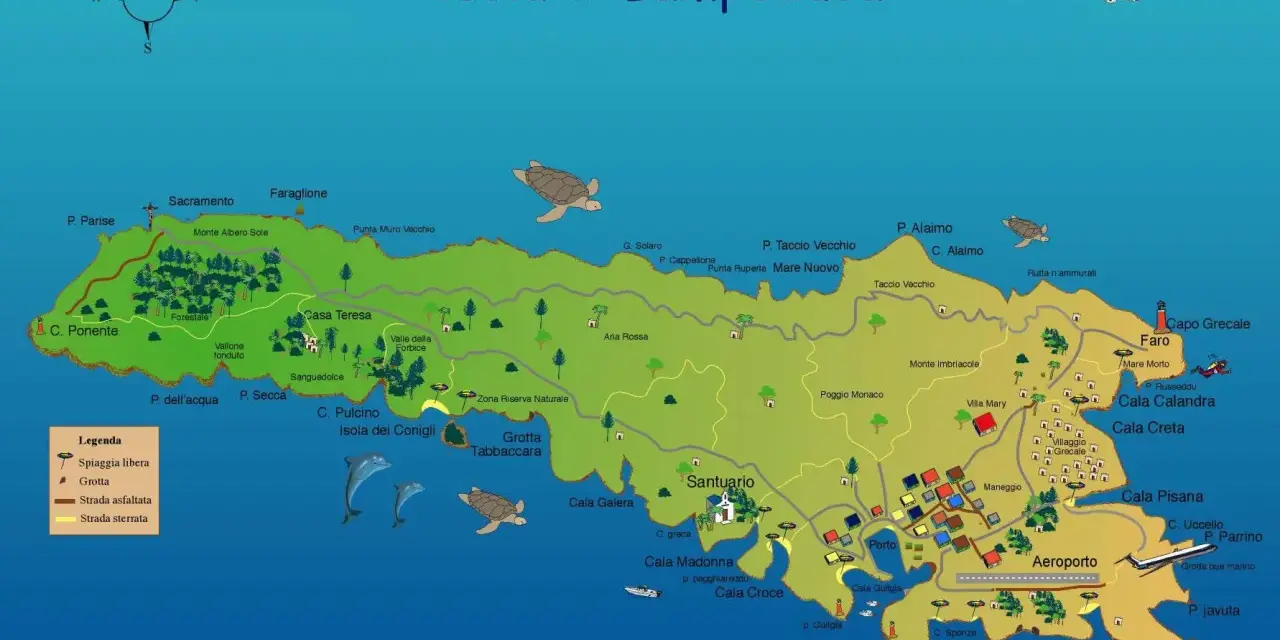 Mappa di Lampedusa, isola dove si trova nel Mediterraneo, con spiagge, grotte, porti e aeroporto.