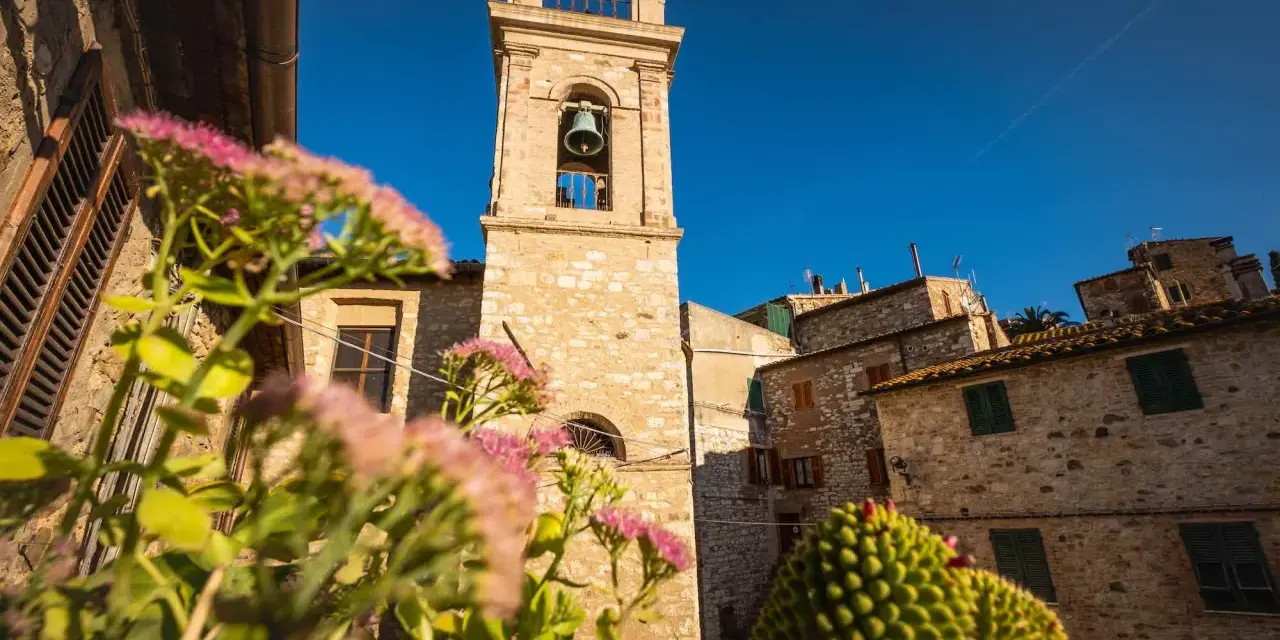 Campanile in pietra in un borgo delle Colline Metallifere, con fiori rosa in primo piano e cielo azzurro.