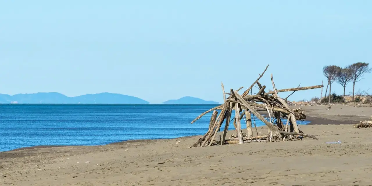 Spiaggia selvaggia nel Parco Regionale della Maremma con un rifugio di legni sulla sabbia e il mare blu all'orizzonte.