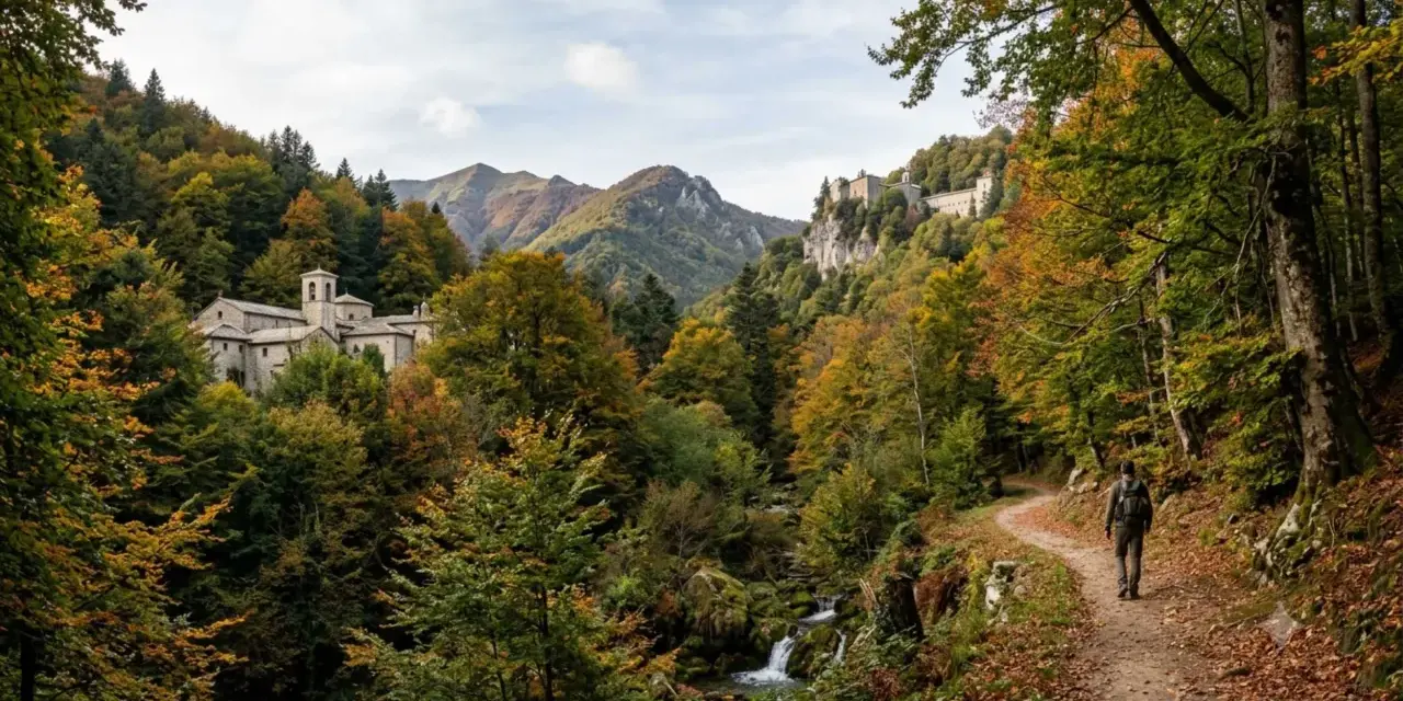 Sentiero nel Parco Nazionale delle Foreste Casentinesi Monte Falterona e Campigna, con un escursionista che cammina tra boschi autunnali e antichi edifici storici.