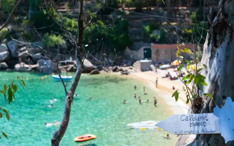 Segnale per le spiagge di Caldane, Isola del Giglio, indica un angolo di paradiso con gente che nuota nell'acqua cristallina.