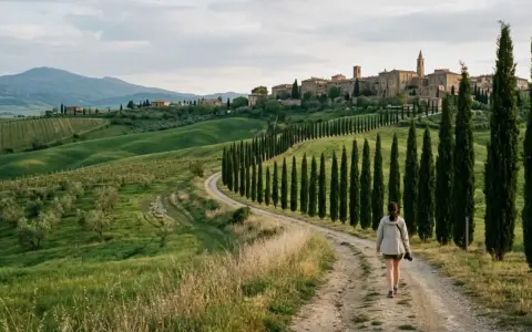 Una persona cammina lungo la **Val d'Orcia route**, circondata da dolci colline verdi e cipressi, con un borgo medievale sullo sfondo.