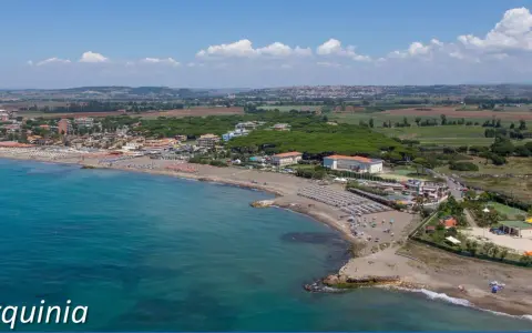 Vista aerea del lido di Tarquinia con spiaggia attrezzata, mare azzurro e pineta.