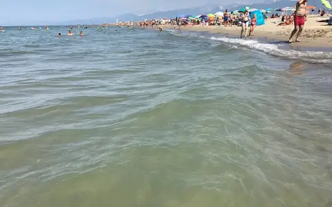 Onde leggere accarezzano la **spiaggia libera Viareggio**, affollata di bagnanti sotto ombrelloni colorati.
