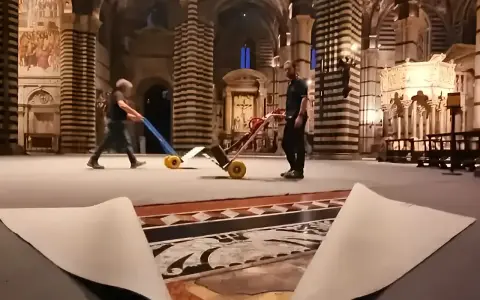 Due operai spostano carrelli sul magnifico pavimento del Duomo di Siena, mentre un telo protettivo è parzialmente sollevato, rivelando i dettagli artistici.