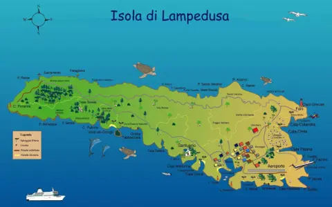 Mappa di Lampedusa, isola dove si trova nel Mediterraneo, con spiagge, grotte, porti e aeroporto.