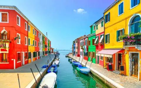 Coloratissime case affacciate su un canale, con barche ormeggiate. Un'immagine che invita a scoprire le splendide venezia isole da visitare.