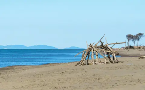 Spiaggia selvaggia nel Parco Regionale della Maremma con un rifugio di legni sulla sabbia e il mare blu all'orizzonte.