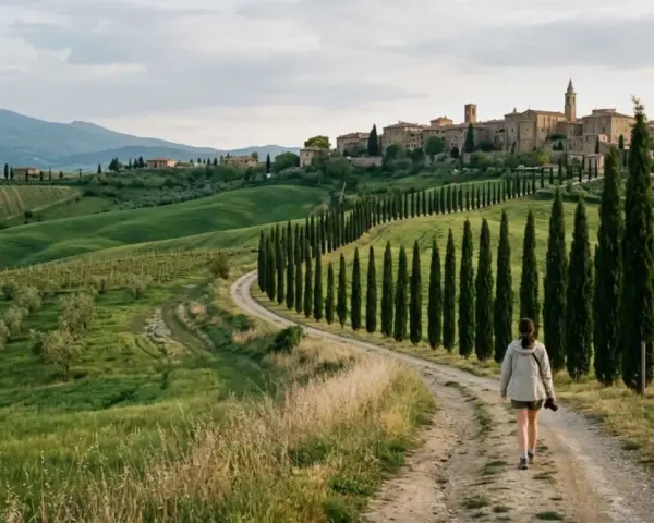 Una persona cammina lungo la **Val d'Orcia route**, circondata da dolci colline verdi e cipressi, con un borgo medievale sullo sfondo.