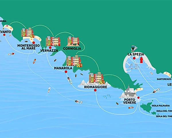 Mappa stilizzata delle Cinque Terre, con i borghi colorati e le rotte marittime. Si vedono Levanto, Monterosso, Vernazza, Corniglia, Manarola, Riomaggiore, Porto Venere e La Spezia.