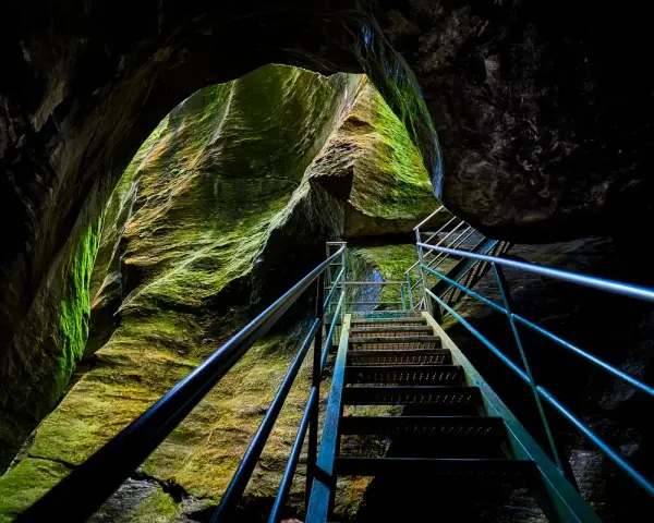 Una scala metallica sale tra le rocce muschiose degli orridi di Uriezzo, illuminata da una luce che filtra dall'alto.