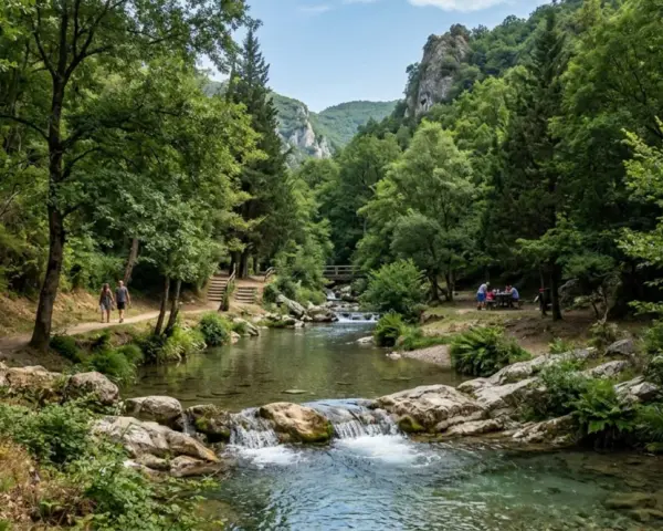 Sentiero in un bosco lussureggiante, con un fiume cristallino e una cascata. Coppia passeggia, un gruppo fa picnic. Un assaggio dei **parchi naturali Campania**.