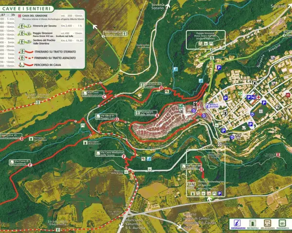Mappa delle Vie Cave e sentieri, con itinerari che conducono al pittoresco **pitigliano centro storico** e dintorni.
