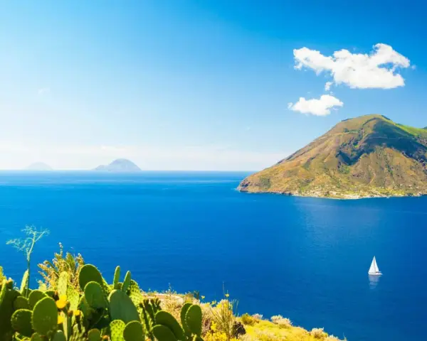 Panoramica delle Isole Eolie: cosa vedere? Un veliero solca il blu intenso del mare, con isole vulcaniche sullo sfondo e fichi d'India in primo piano.