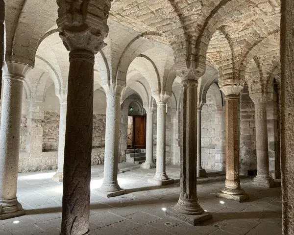 Interno dell'abbazia di San Salvatore: un corridoio con volte a crociera e colonne in pietra, che evocano secoli di storia.