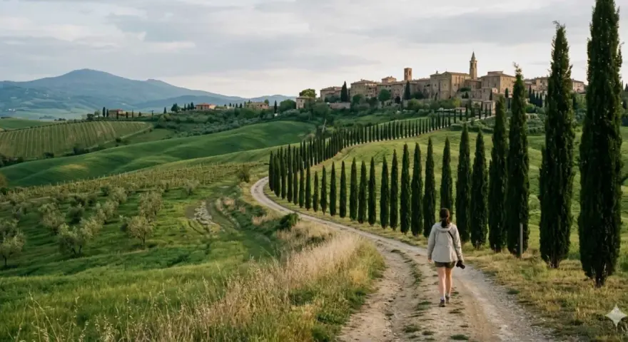 Una persona cammina lungo la **Val d'Orcia route**, circondata da dolci colline verdi e cipressi, con un borgo medievale sullo sfondo.
