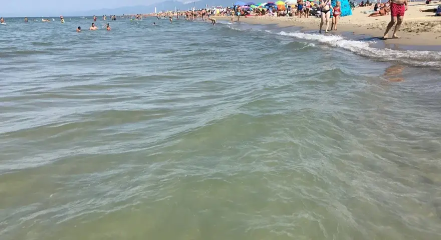 Onde leggere accarezzano la **spiaggia libera Viareggio**, affollata di bagnanti sotto ombrelloni colorati.