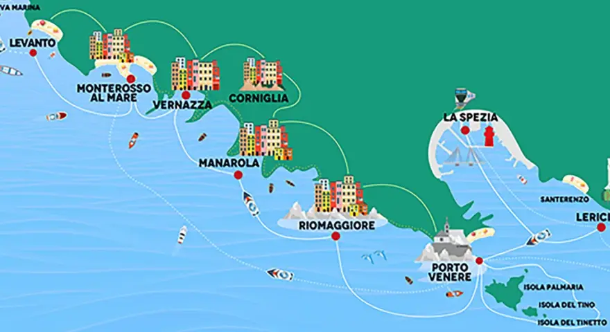 Mappa stilizzata delle Cinque Terre, con i borghi colorati e le rotte marittime. Si vedono Levanto, Monterosso, Vernazza, Corniglia, Manarola, Riomaggiore, Porto Venere e La Spezia.