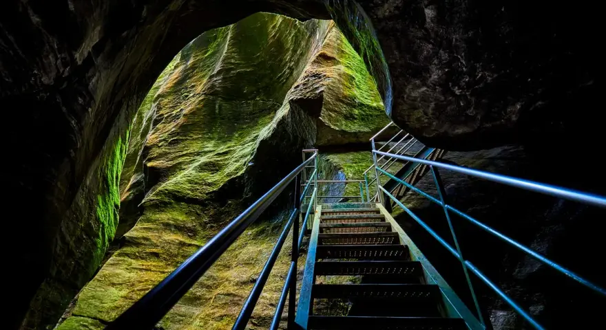 Una scala metallica sale tra le rocce muschiose degli orridi di Uriezzo, illuminata da una luce che filtra dall'alto.