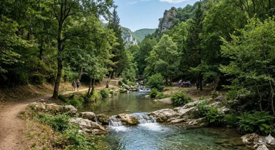 Sentiero in un bosco lussureggiante, con un fiume cristallino e una cascata. Coppia passeggia, un gruppo fa picnic. Un assaggio dei **parchi naturali Campania**.