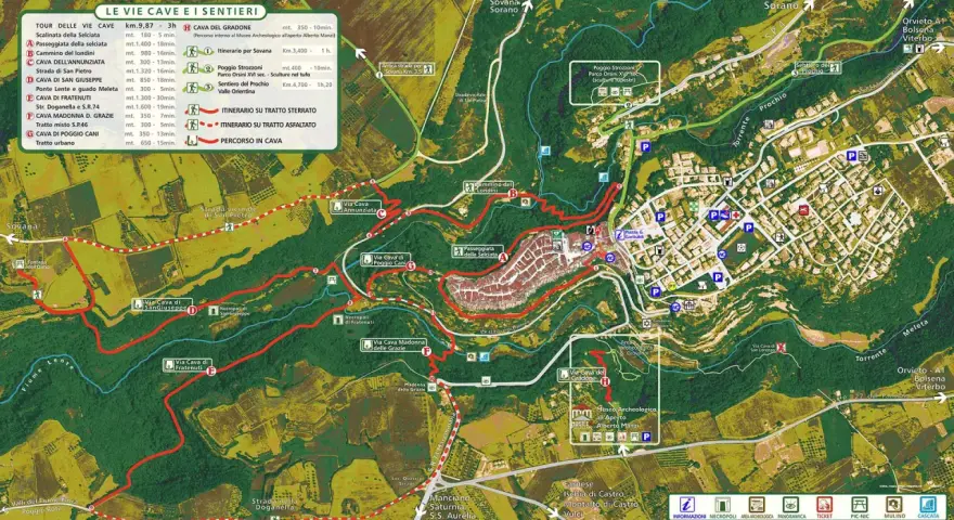 Mappa delle Vie Cave e sentieri, con itinerari che conducono al pittoresco **pitigliano centro storico** e dintorni.