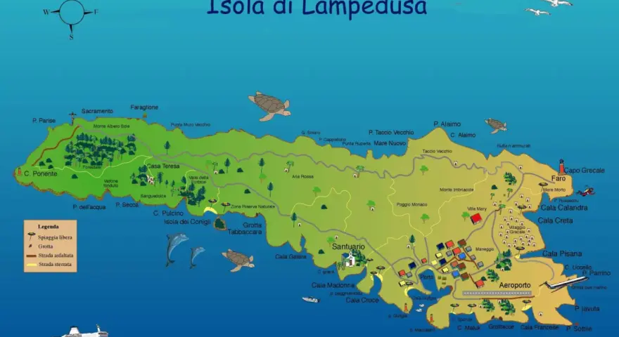 Mappa di Lampedusa, isola dove si trova nel Mediterraneo, con spiagge, grotte, porti e aeroporto.