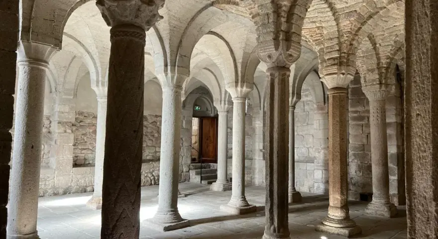 Interno dell'abbazia di San Salvatore: un corridoio con volte a crociera e colonne in pietra, che evocano secoli di storia.