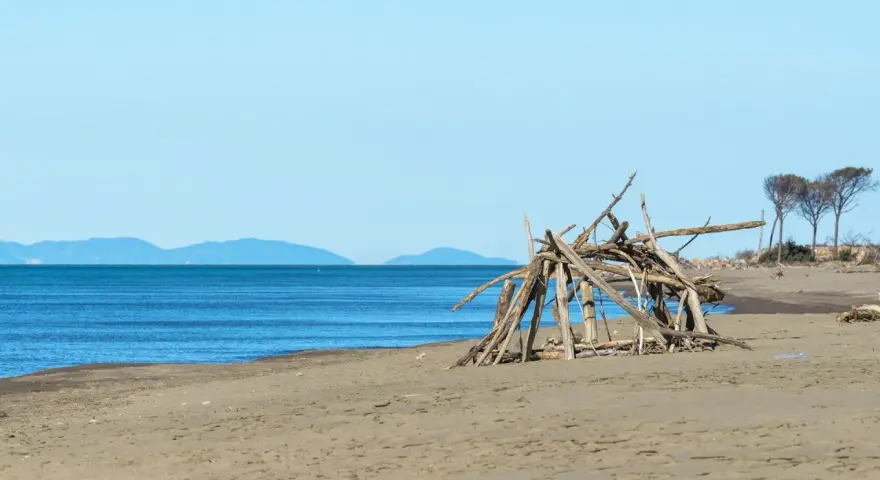 Spiaggia selvaggia nel Parco Regionale della Maremma con un rifugio di legni sulla sabbia e il mare blu all'orizzonte.