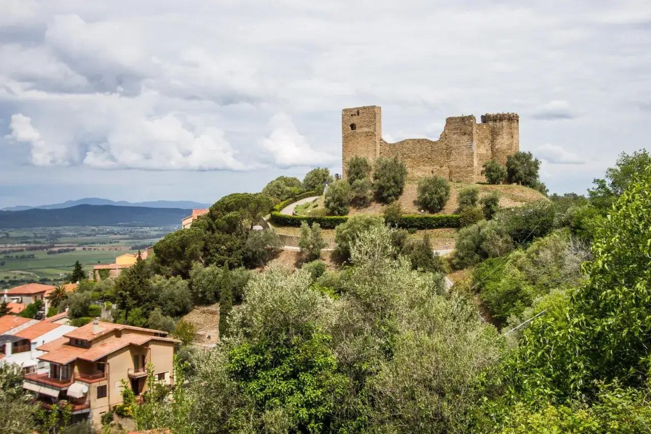 Rovine di un castello medievale dominano il centro storico di Scarlino, circondato da ulivi e case con tetti rossi.