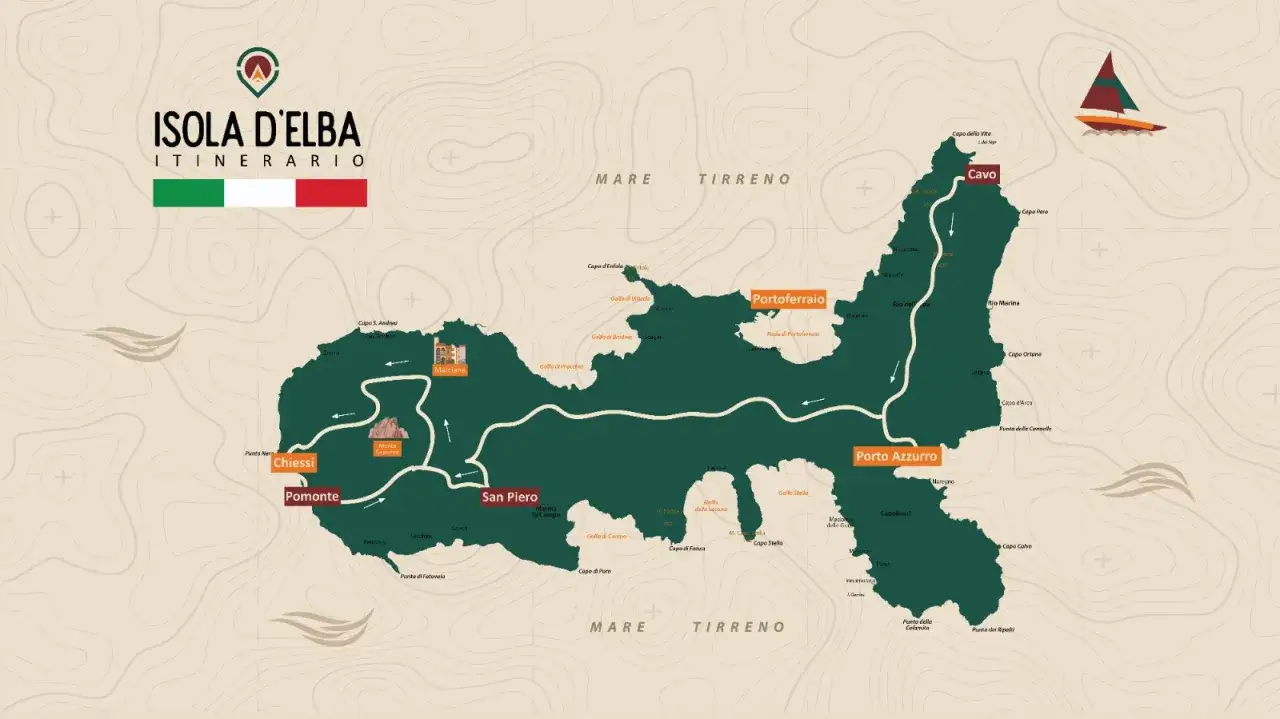 Mappa dell'Isola d'Elba con itinerario: scopri cosa vedere tra Portoferraio, Porto Azzurro, San Piero e le spiagge.