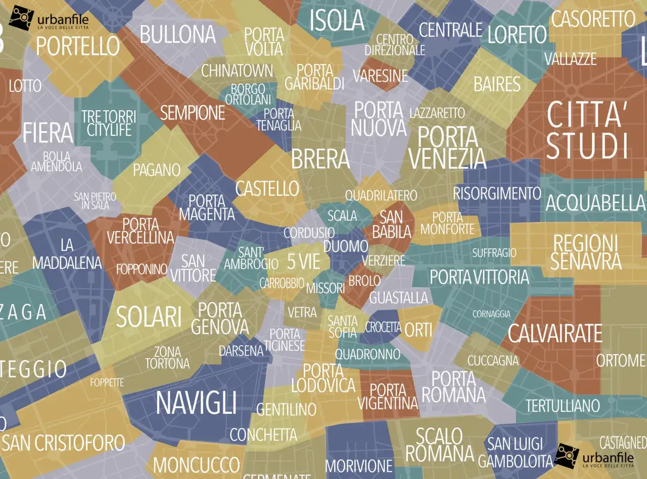 Mappa di Milano con quartieri colorati: scopri cosa fare a Milano esplorando zone come Brera, Navigli, Isola e Città Studi.