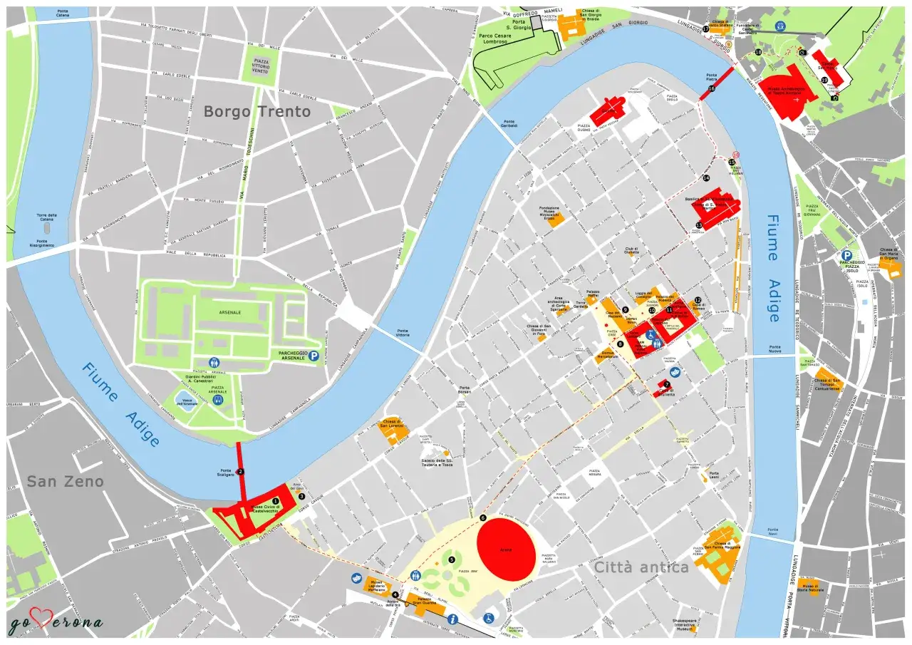 Mappa di Verona: cosa vedere a Verona in due giorni, con l'Arena, Castelvecchio, Casa di Giulietta e il fiume Adige.
