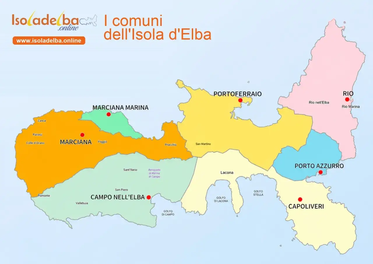 Mappa dell'Isola d'Elba con i comuni: Marciana Marina, Marciana, Campo nell'Elba, Portoferraio, Rio, Porto Azzurro e Capoliveri.