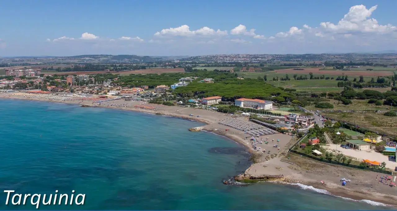 Vista aerea del lido di Tarquinia con spiaggia attrezzata, mare azzurro e pineta.