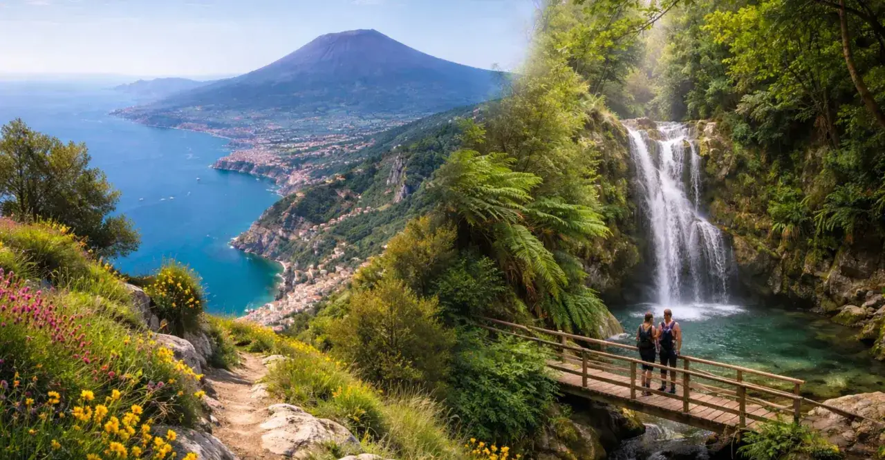 Sentiero fiorito con vista sul Vesuvio e cascata, un assaggio dei parchi naturali Campania.