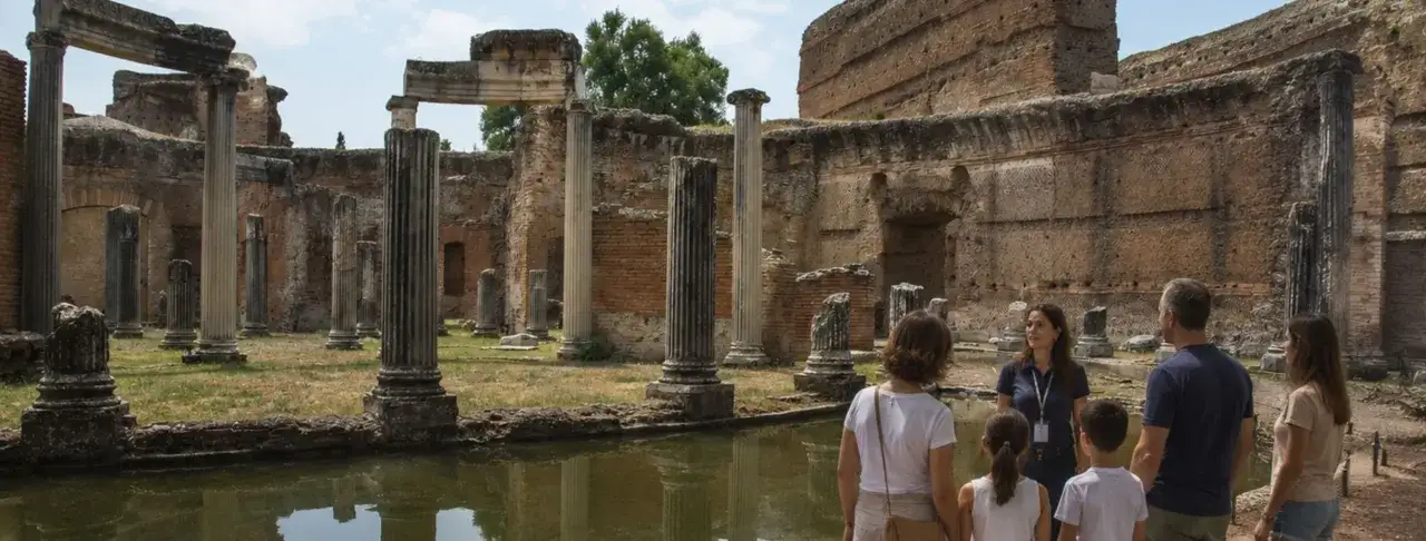 Famiglia in visita guidata tra le rovine di Villa Adriana, con colonne antiche e un laghetto.