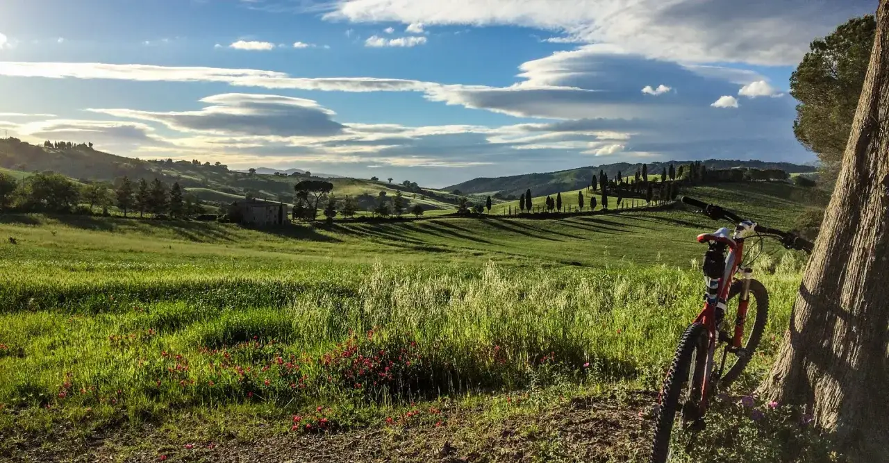 Un paesaggio collinare toscano, ideale per scoprire cosa vedere a Pomarance in bici. Un sentiero tra campi verdi e cipressi.